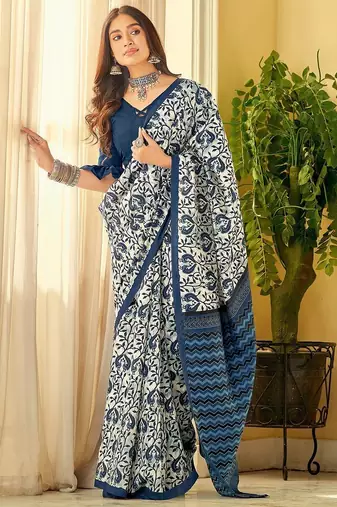 Blue linen floral printed casual saree with blouse piece
