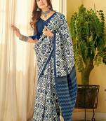 Blue linen floral printed casual saree with blouse piece