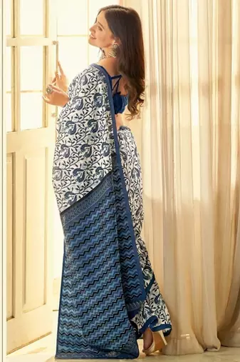 Blue linen floral printed casual saree with blouse piece