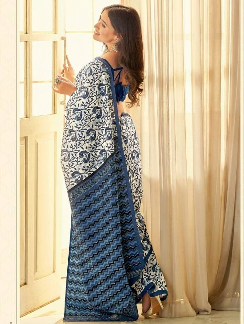 Blue linen floral printed casual saree with blouse piece