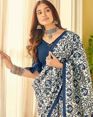 Blue linen floral printed casual saree with blouse piece 3