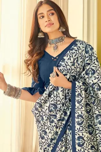 Blue linen floral printed casual saree with blouse piece