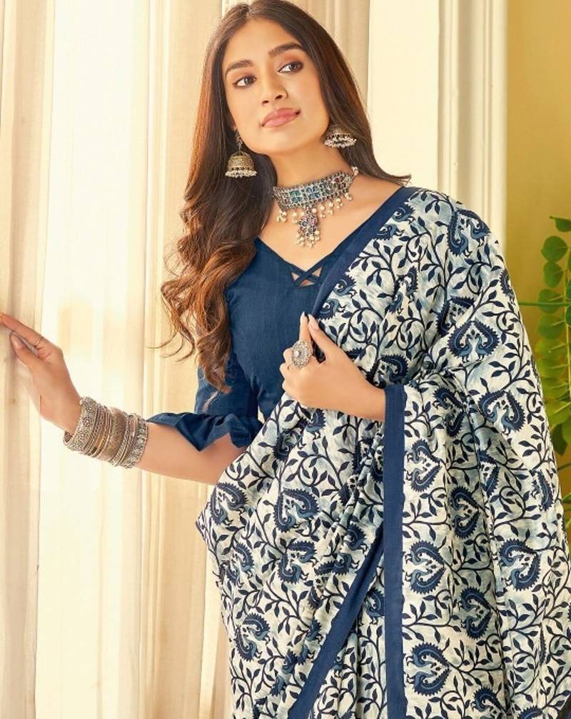 Blue linen floral printed casual saree with blouse piece