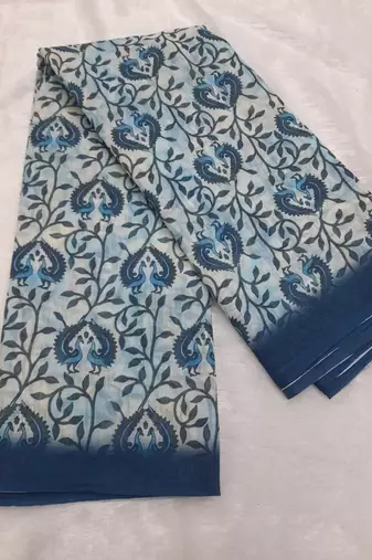 Blue linen floral printed casual saree with blouse piece