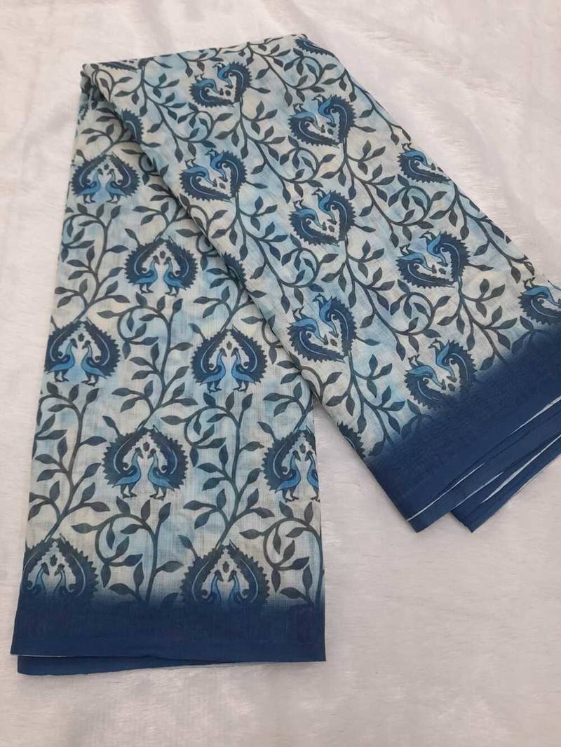 Blue linen floral printed casual saree with blouse piece