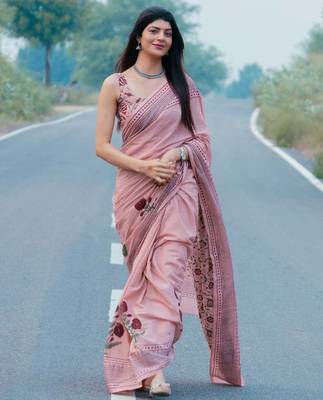 Pink linen floral printed casual saree with blouse piece 1