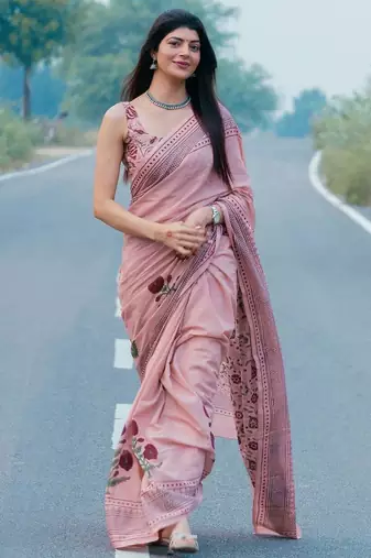 Pink linen floral printed casual saree with blouse piece