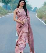 Pink linen floral printed casual saree with blouse piece