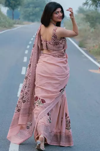 Pink linen floral printed casual saree with blouse piece