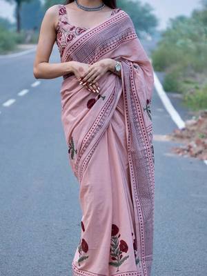Pink linen floral printed casual saree with blouse piece 4