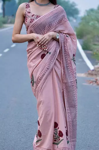 Pink linen floral printed casual saree with blouse piece