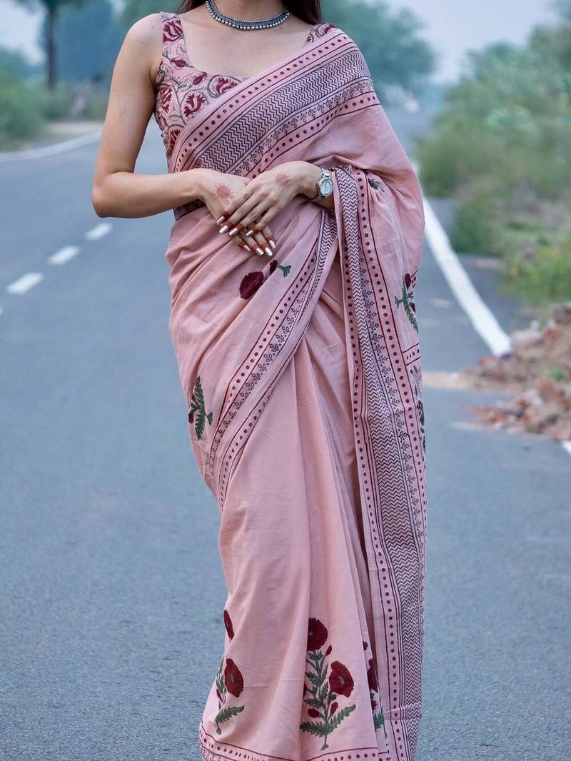 Pink linen floral printed casual saree with blouse piece