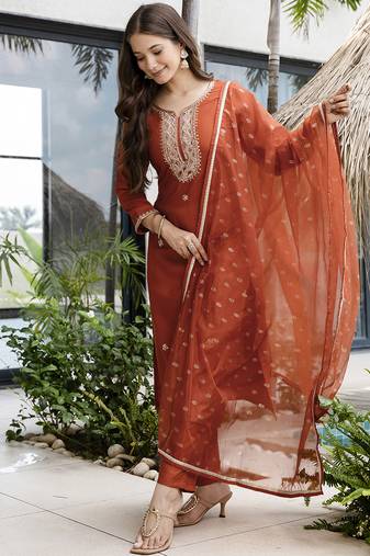 Embroidered Silk Straight Kurta Pant and Dupatta Set