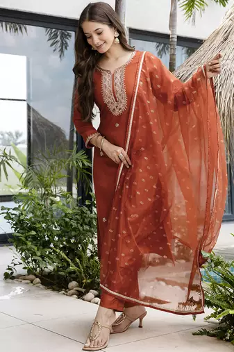 Embroidered Silk Straight Kurta Pant and Dupatta Set