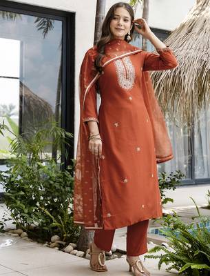 Embroidered Silk Straight Kurta Pant and Dupatta Set 3