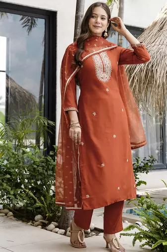 Embroidered Silk Straight Kurta Pant and Dupatta Set