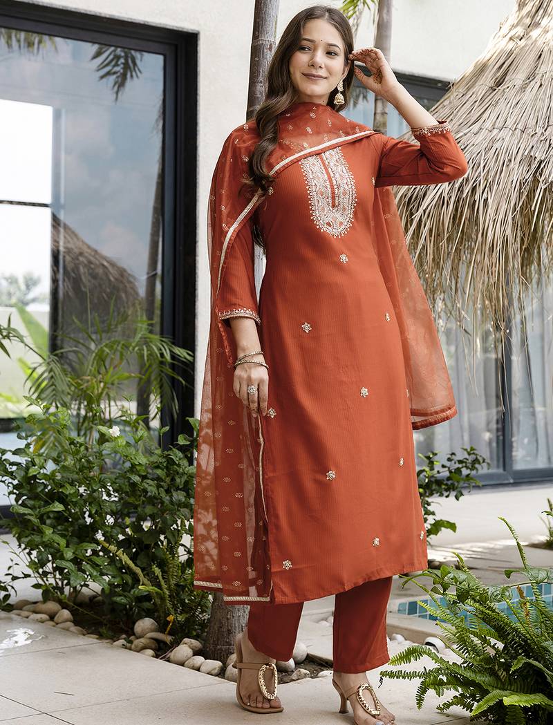 Embroidered Silk Straight Kurta Pant and Dupatta Set