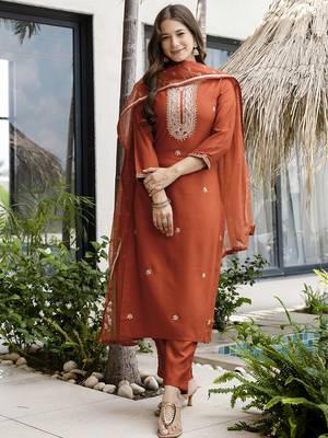 Embroidered Silk Straight Kurta Pant and Dupatta Set 5