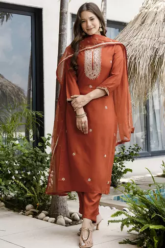 Embroidered Silk Straight Kurta Pant and Dupatta Set