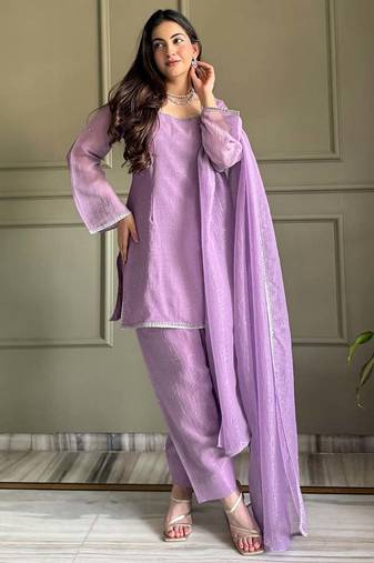 Women's Gorgeous Embroidery Work Crunchy Silk Fabric Straight Kurta Patiala and Dupatta Set