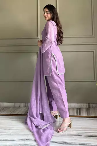 Women's Gorgeous Embroidery Work Crunchy Silk Fabric Straight Kurta Patiala and Dupatta Set