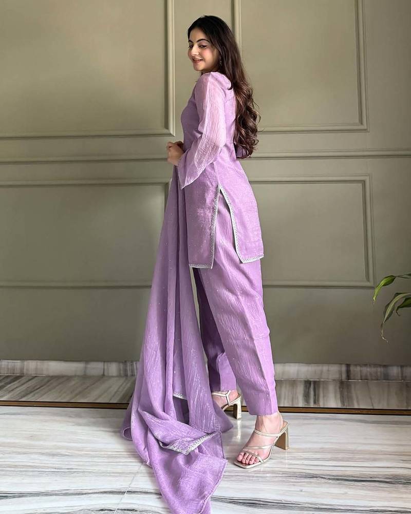 Women's Gorgeous Embroidery Work Crunchy Silk Fabric Straight Kurta Patiala and Dupatta Set