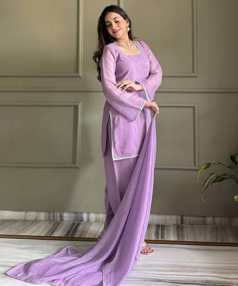 Women's Gorgeous Embroidery Work Crunchy Silk Fabric Straight Kurta Patiala and Dupatta Set