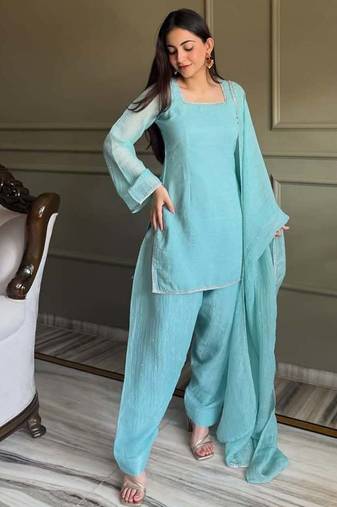 Embroidered Crunchy Silk Straight Kurta Patiala and Dupatta Set