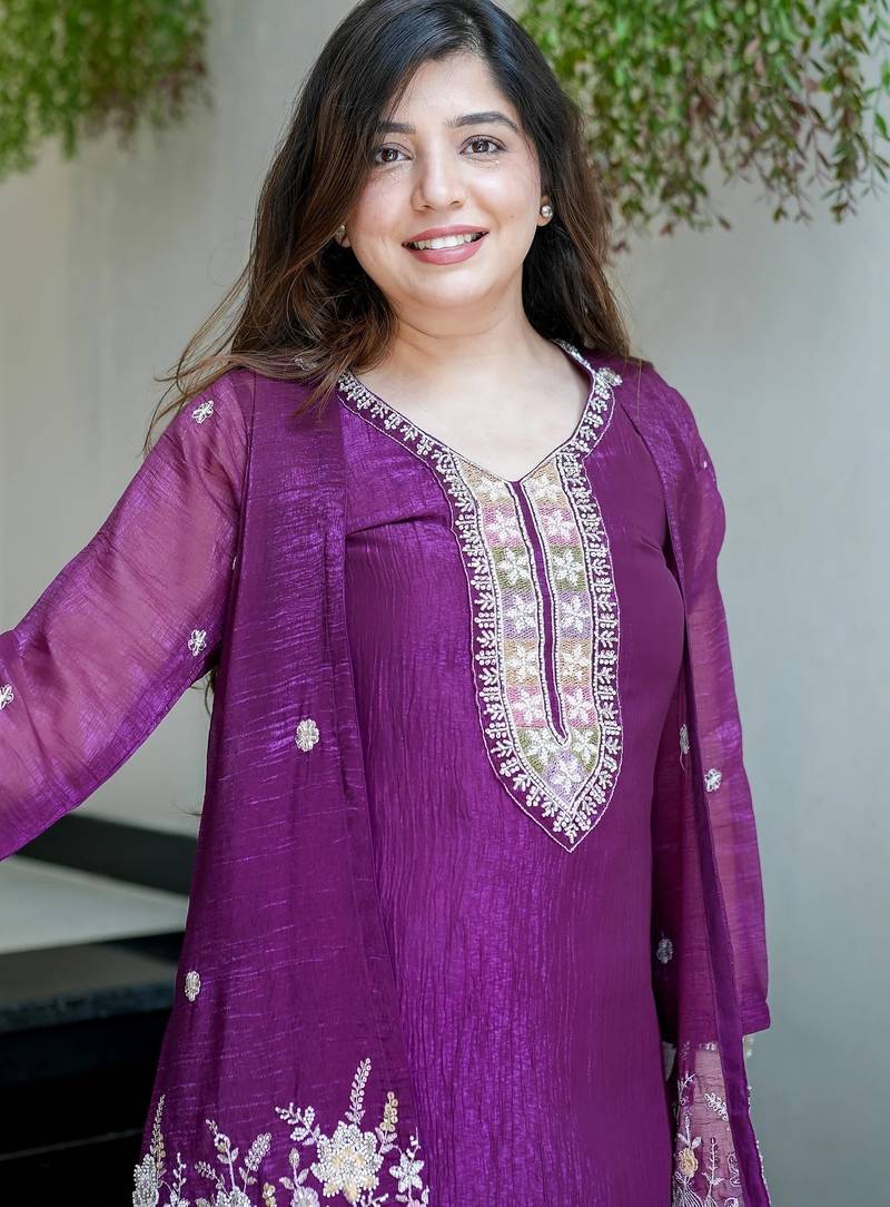 Women's Gorgeous Embroidery Work Chinon Silk Fabric Straight Kurta Pant with Koti Set
