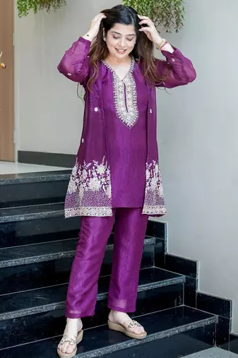 Women's Gorgeous Embroidery Work Chinon Silk Fabric Straight Kurta Pant with Koti Set