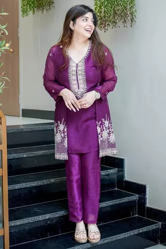 Women's Gorgeous Embroidery Work Chinon Silk Fabric Straight Kurta Pant with Koti Set