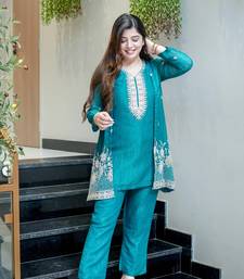 Embroidered Chinon Silk Straight Kurta Pant with Koti Set