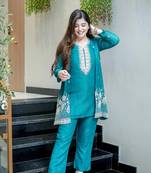 Embroidered Chinon Silk Straight Kurta Pant with Koti Set