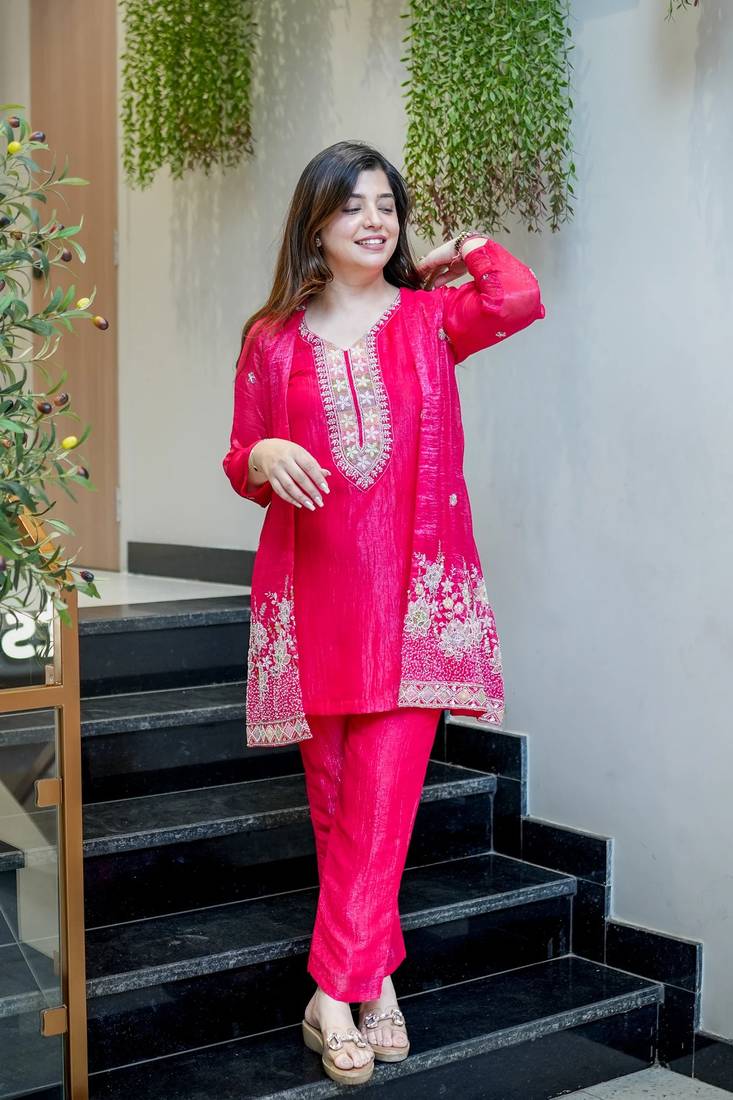 Embroidered Chinon Silk Straight Kurta Pant with Koti Set