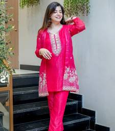 Embroidered Chinon Silk Straight Kurta Pant with Koti Set