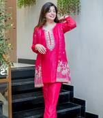 Embroidered Chinon Silk Straight Kurta Pant with Koti Set