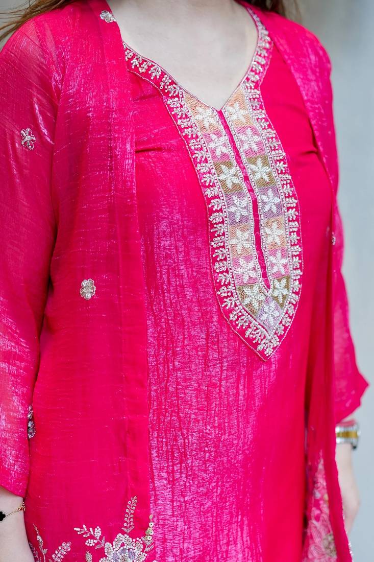 Embroidered Chinon Silk Straight Kurta Pant with Koti Set