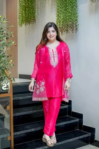 Embroidered Chinon Silk Straight Kurta Pant with Koti Set