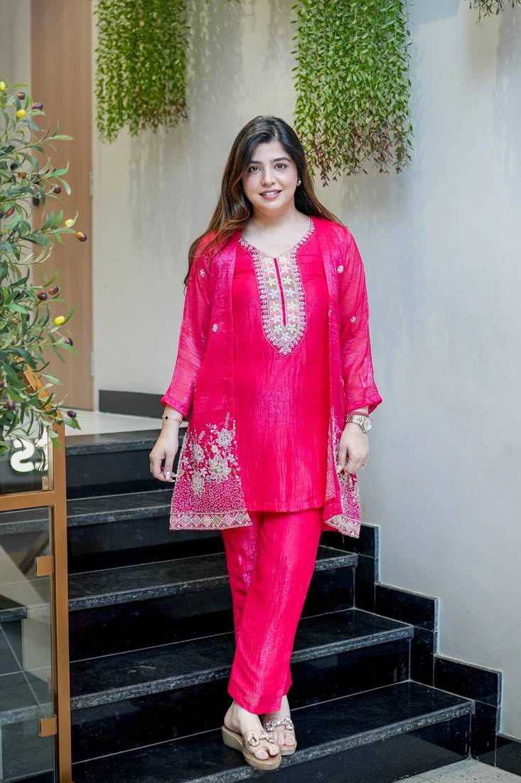 Embroidered Chinon Silk Straight Kurta Pant with Koti Set