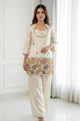 Embroidered Chinon Silk Straight Kurta & Blouse With Palazzo Set