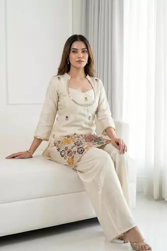 Embroidered Chinon Silk Straight Kurta & Blouse With Palazzo Set