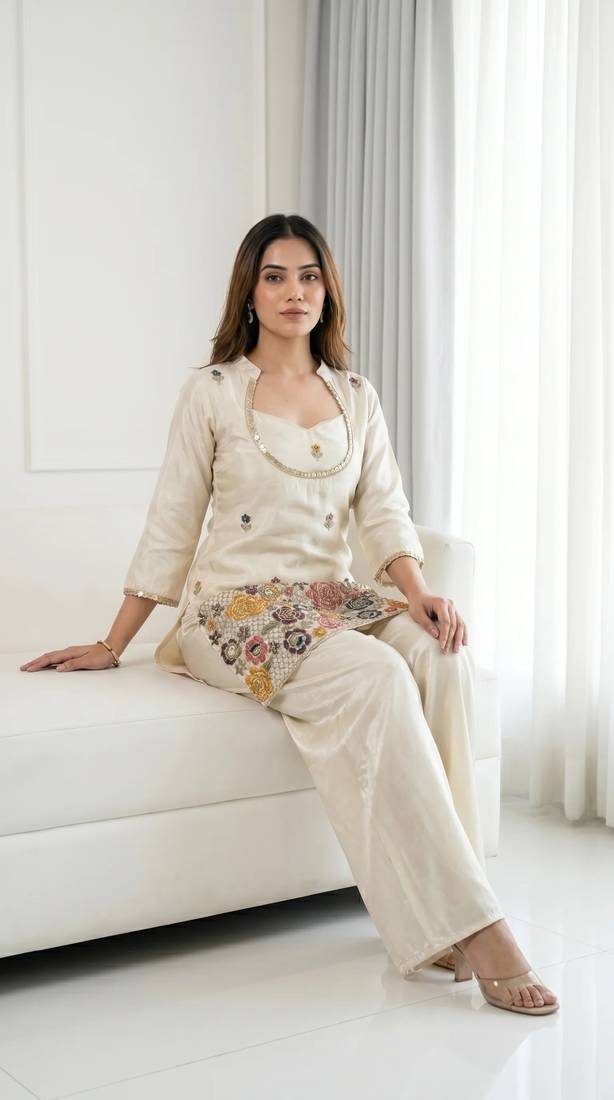Embroidered Chinon Silk Straight Kurta & Blouse With Palazzo Set
