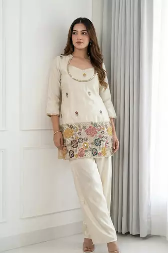 Embroidered Chinon Silk Straight Kurta & Blouse With Palazzo Set