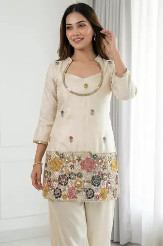 Embroidered Chinon Silk Straight Kurta & Blouse With Palazzo Set