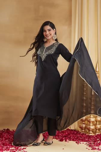 Women's Gorgeous Embroidery Work Rayon Slub Fabric Straight Kurta Pant and Dupatta Set