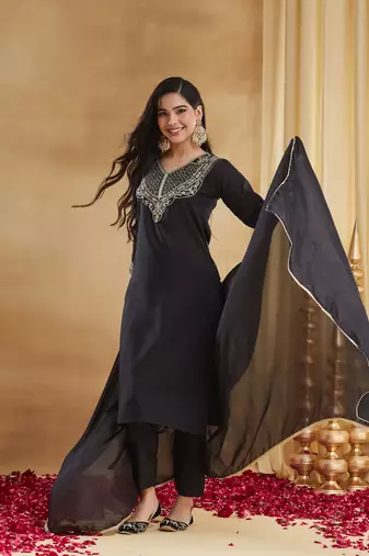 Women's Gorgeous Embroidery Work Rayon Slub Fabric Straight Kurta Pant and Dupatta Set
