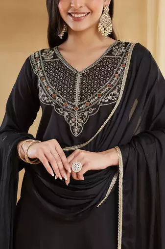 Women's Gorgeous Embroidery Work Rayon Slub Fabric Straight Kurta Pant and Dupatta Set
