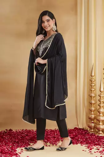 Women's Gorgeous Embroidery Work Rayon Slub Fabric Straight Kurta Pant and Dupatta Set