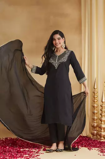Women's Gorgeous Embroidery Work Rayon Slub Fabric Straight Kurta Pant and Dupatta Set