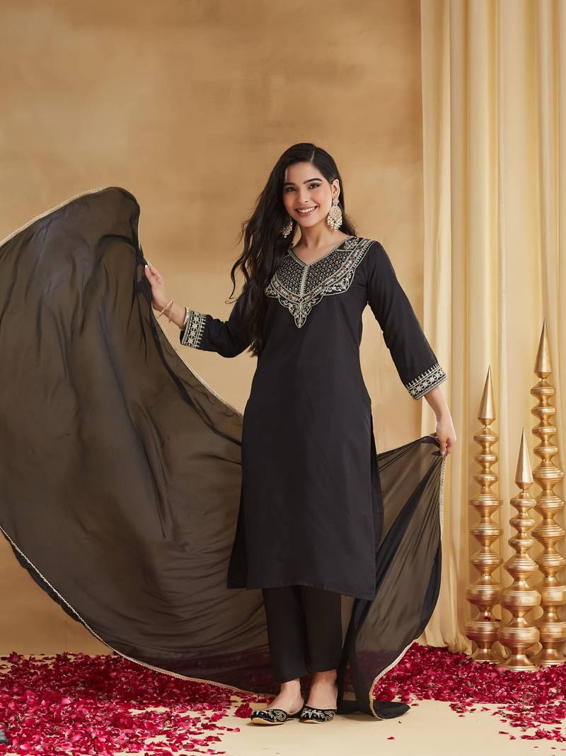 Women's Gorgeous Embroidery Work Rayon Slub Fabric Straight Kurta Pant and Dupatta Set